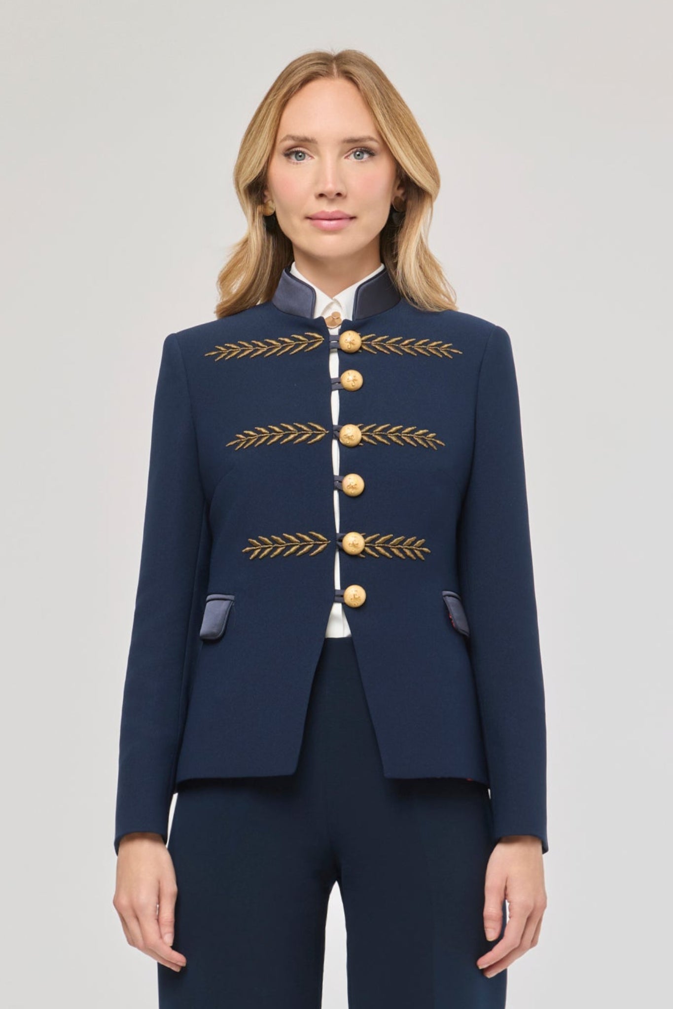 Renata Gold Cropped Navy Blue Embroidered Blazer - Limited Edition