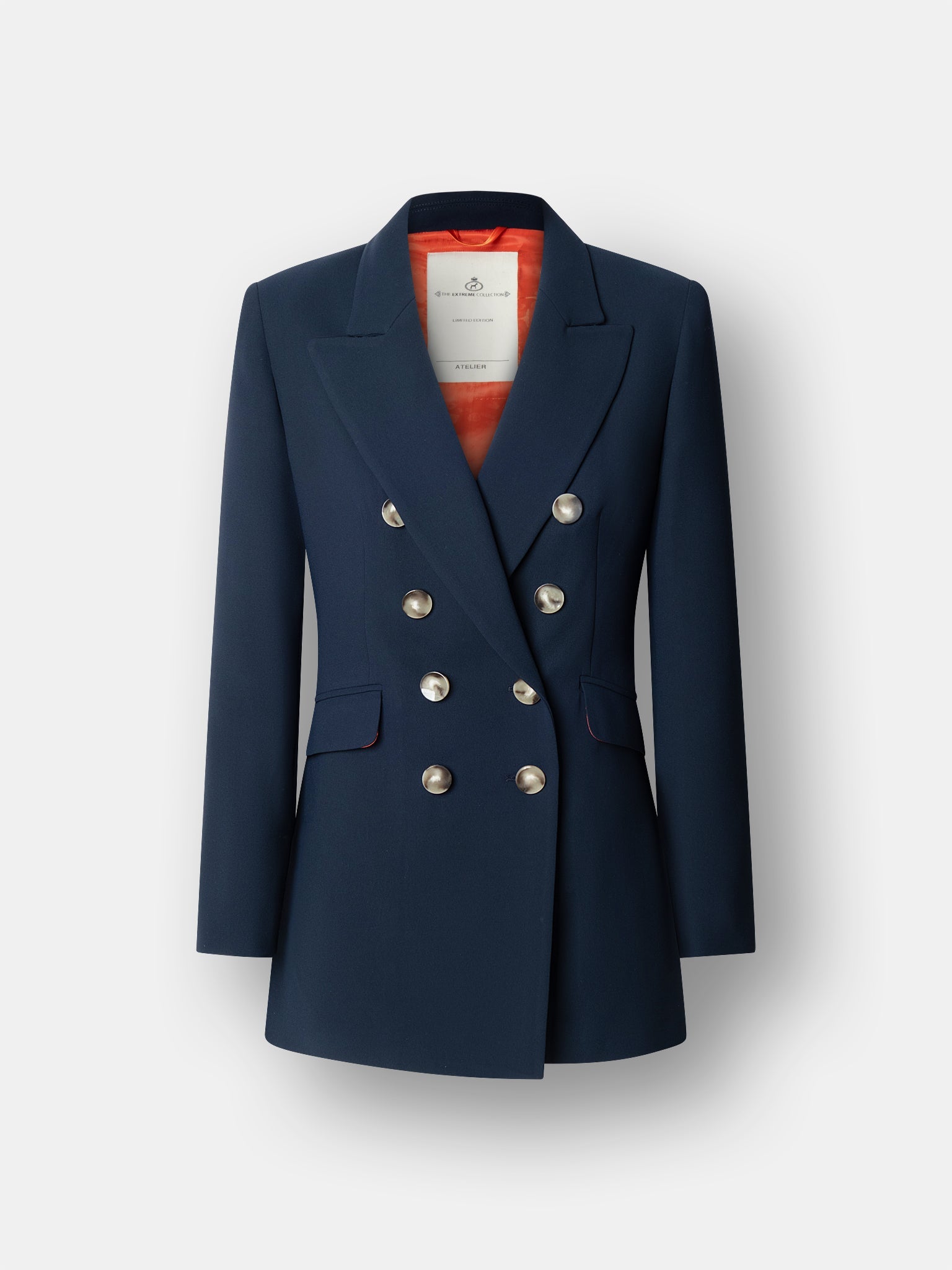 Blazer azul marino doble botonadura Lafayette con botones heráldicos dorados.