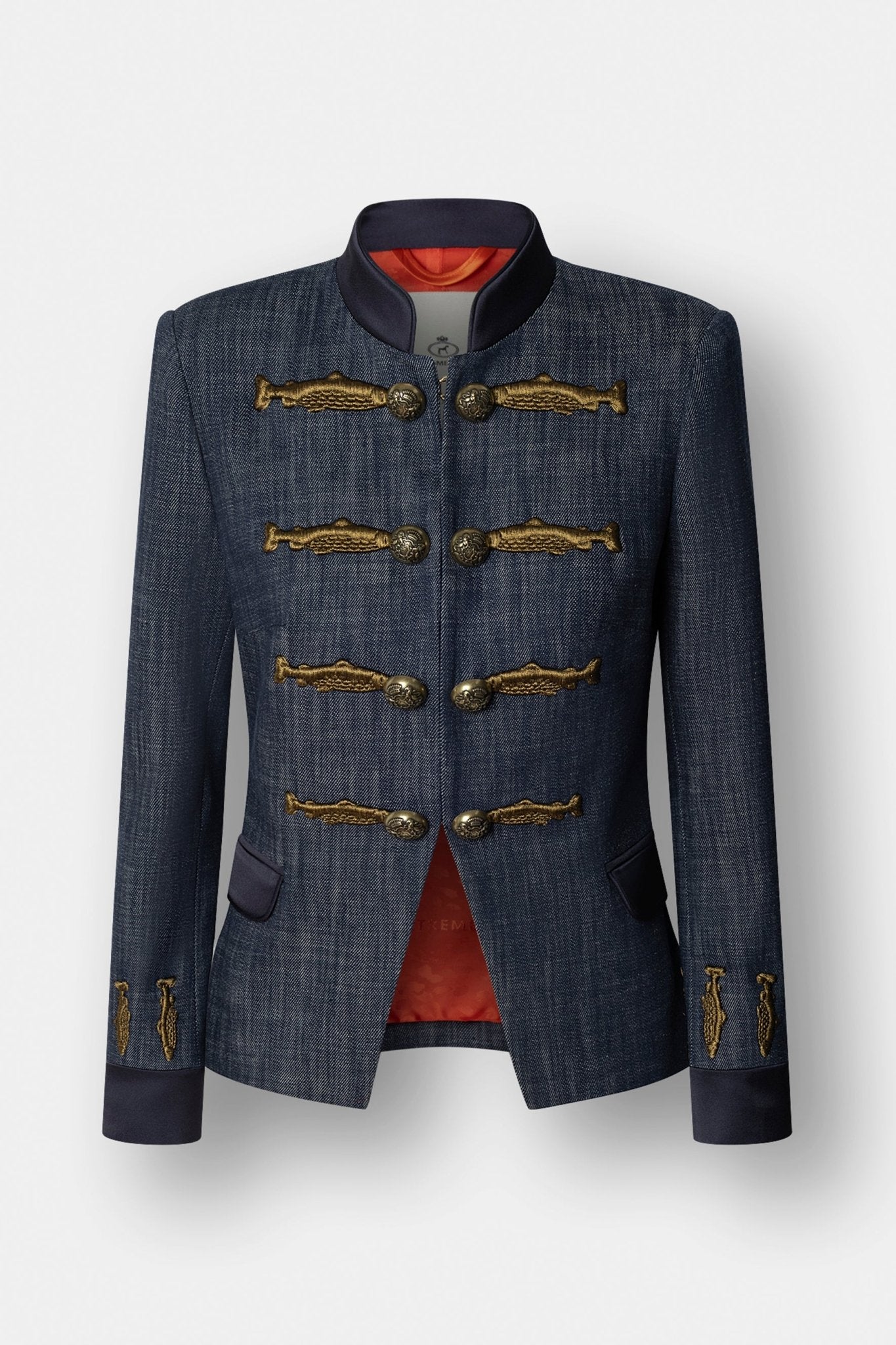Blazer de algodón denim con bordados Nuvola Denimde The Extreme Collection confeccionada en tejido denim de 100% algodón con bordados dorados.