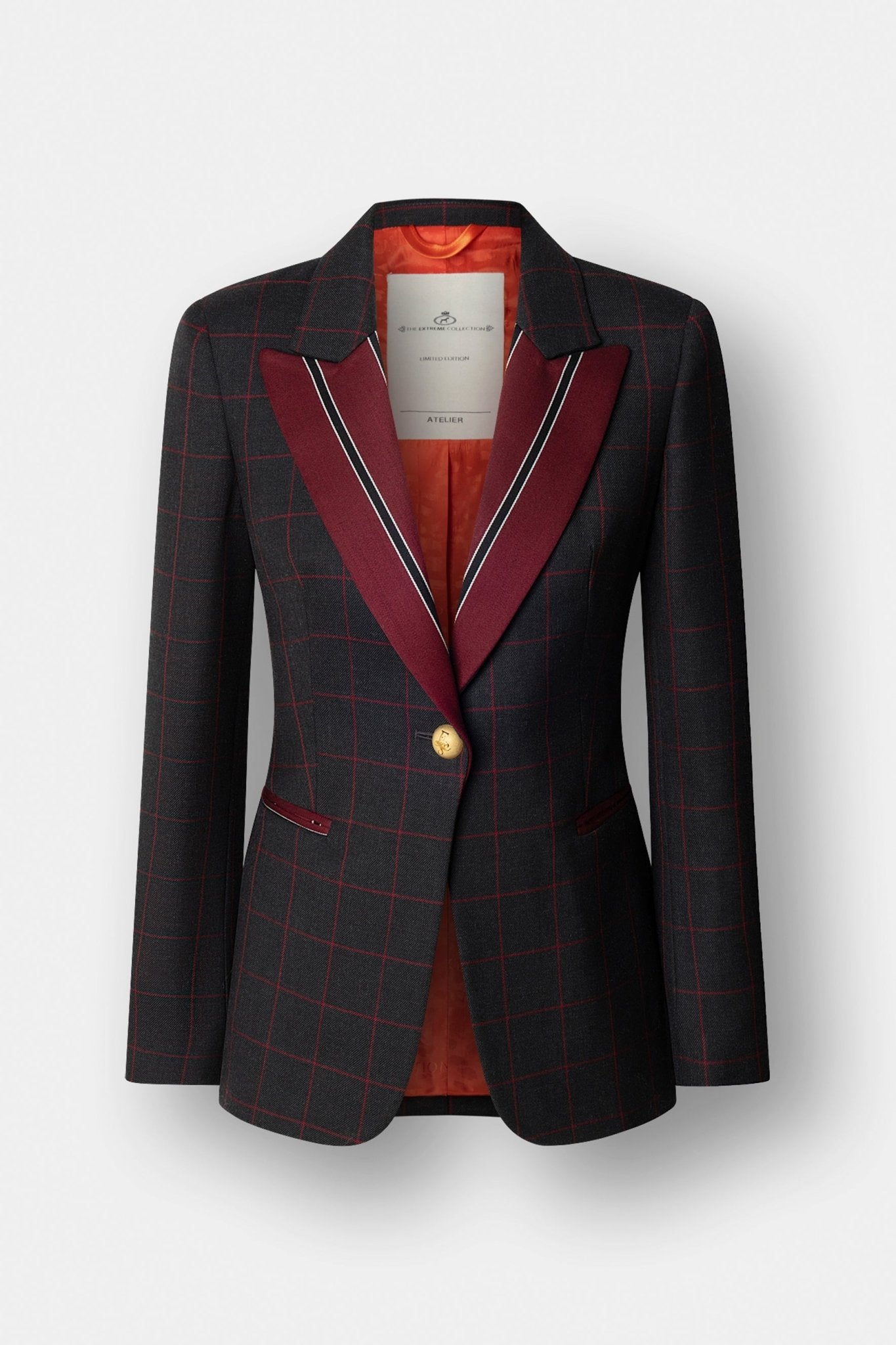 Blazer de lana con solapa en contraste Rowan de The Extreme Collection con diseño de líneas geométricas y solapas en tono burdeos.