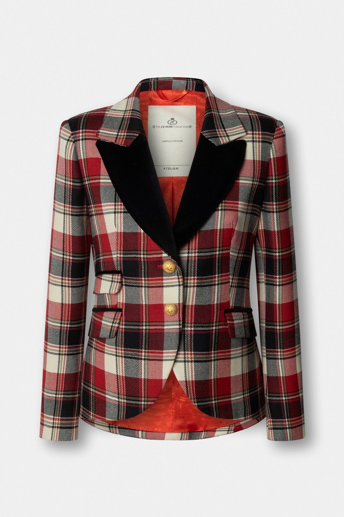 Blazer de lana tartán Duncan de The Extreme Collection con estampado tartán rojo, negro y blanco, y solapa de terciopelo.