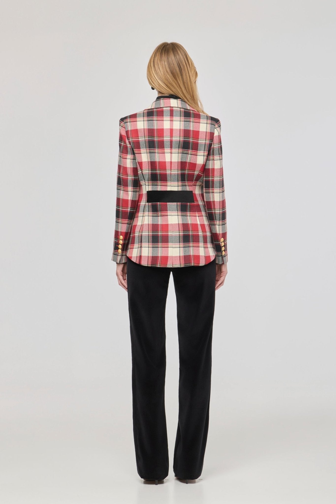 Blazer de lana tartán Duncan de The Extreme Collection con estampado tartán rojo, negro y blanco, y solapa de terciopelo.