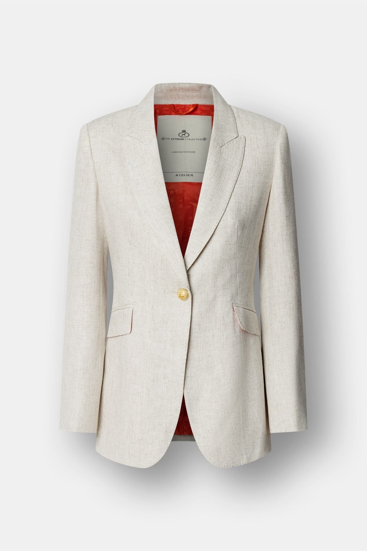 Blazer de lino mujer modelo Sofía en tono beige arena de corte sastre.