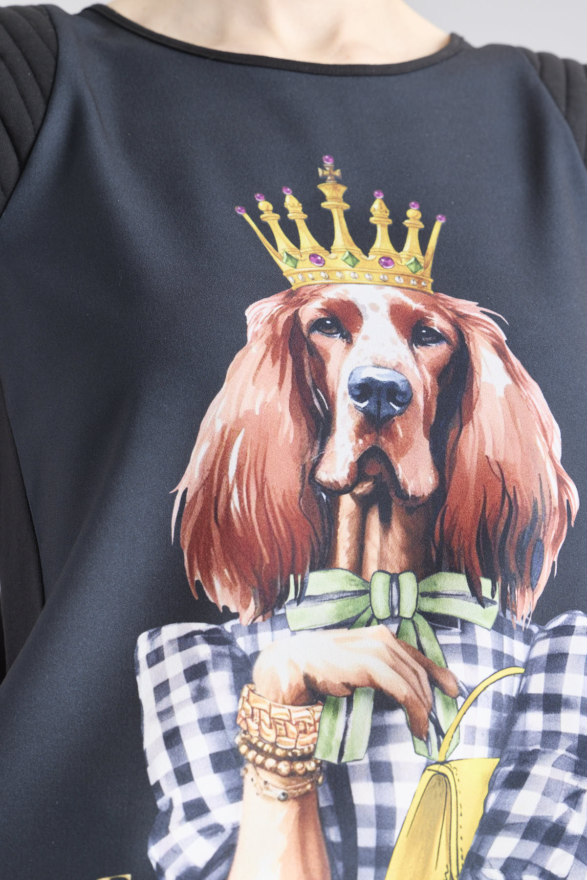 Camiseta negra con ilustración de perro Setter luciendo una corona dorada y lazo verde de The Extreme Collection.
