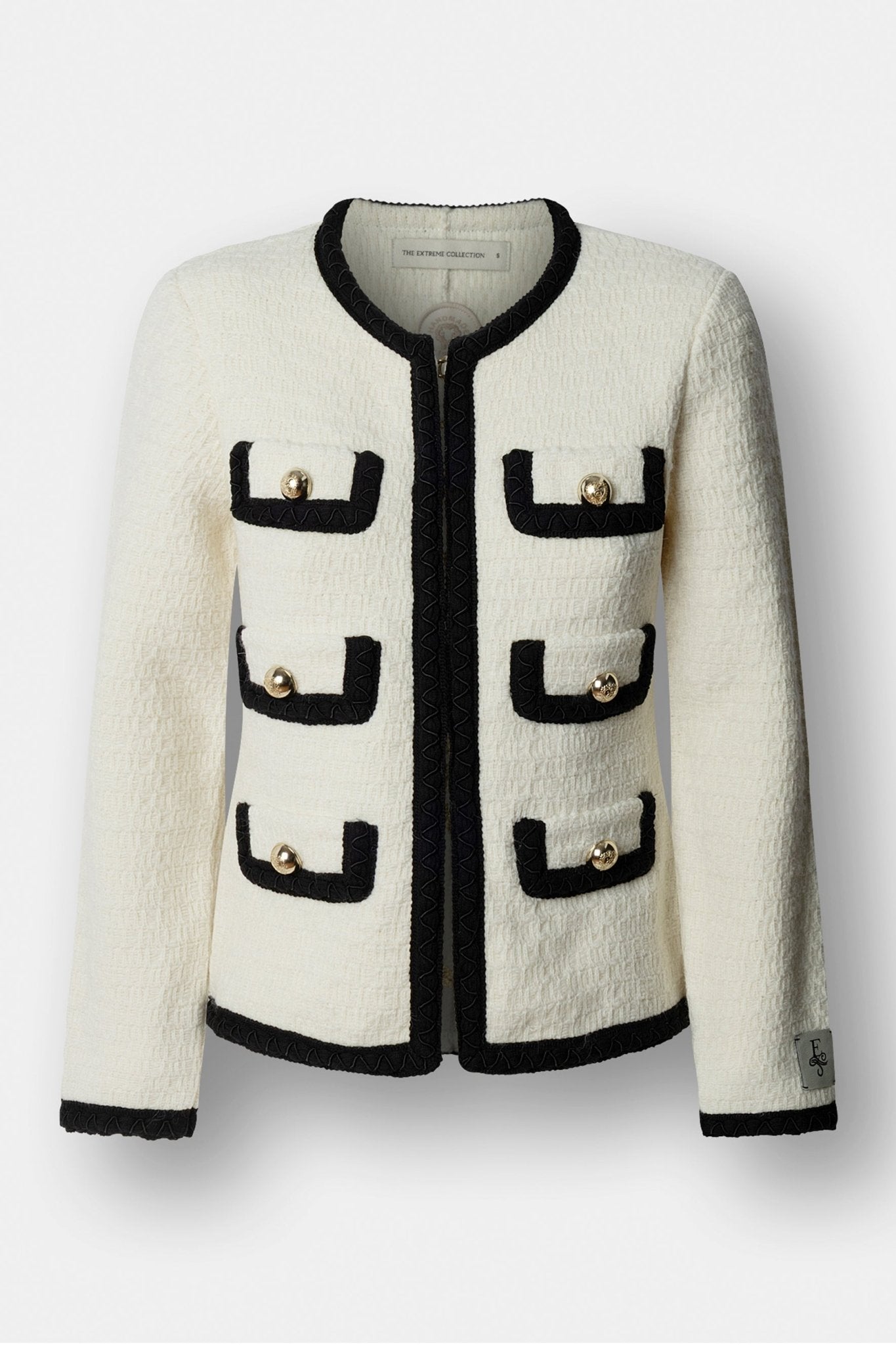 Chaqueta corta bicolor estilo tweed para mujer Preston, en tono crudo con ribetes negros y botones dorados