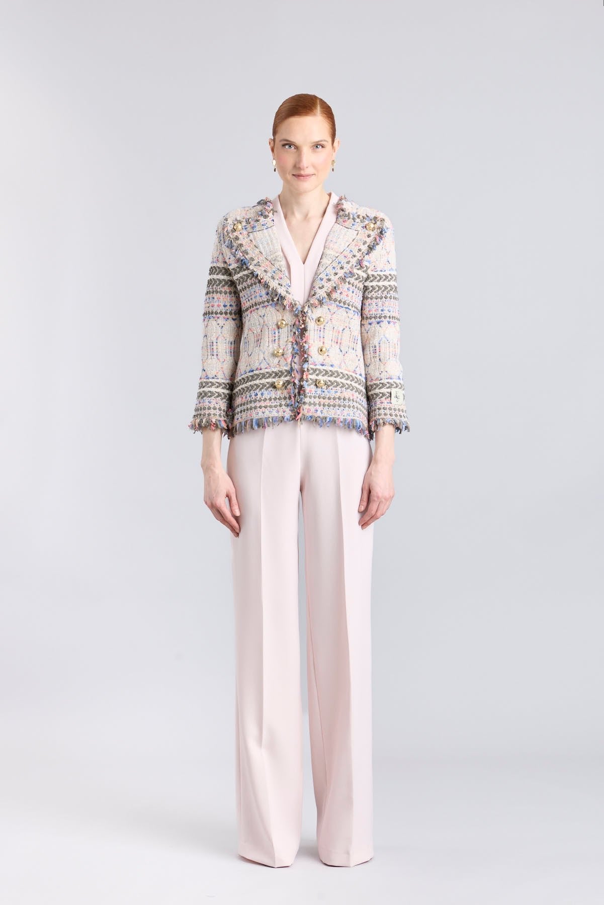 Chaqueta de punto joya mujer modelo Alessia con trama multicolor y botones dorados.