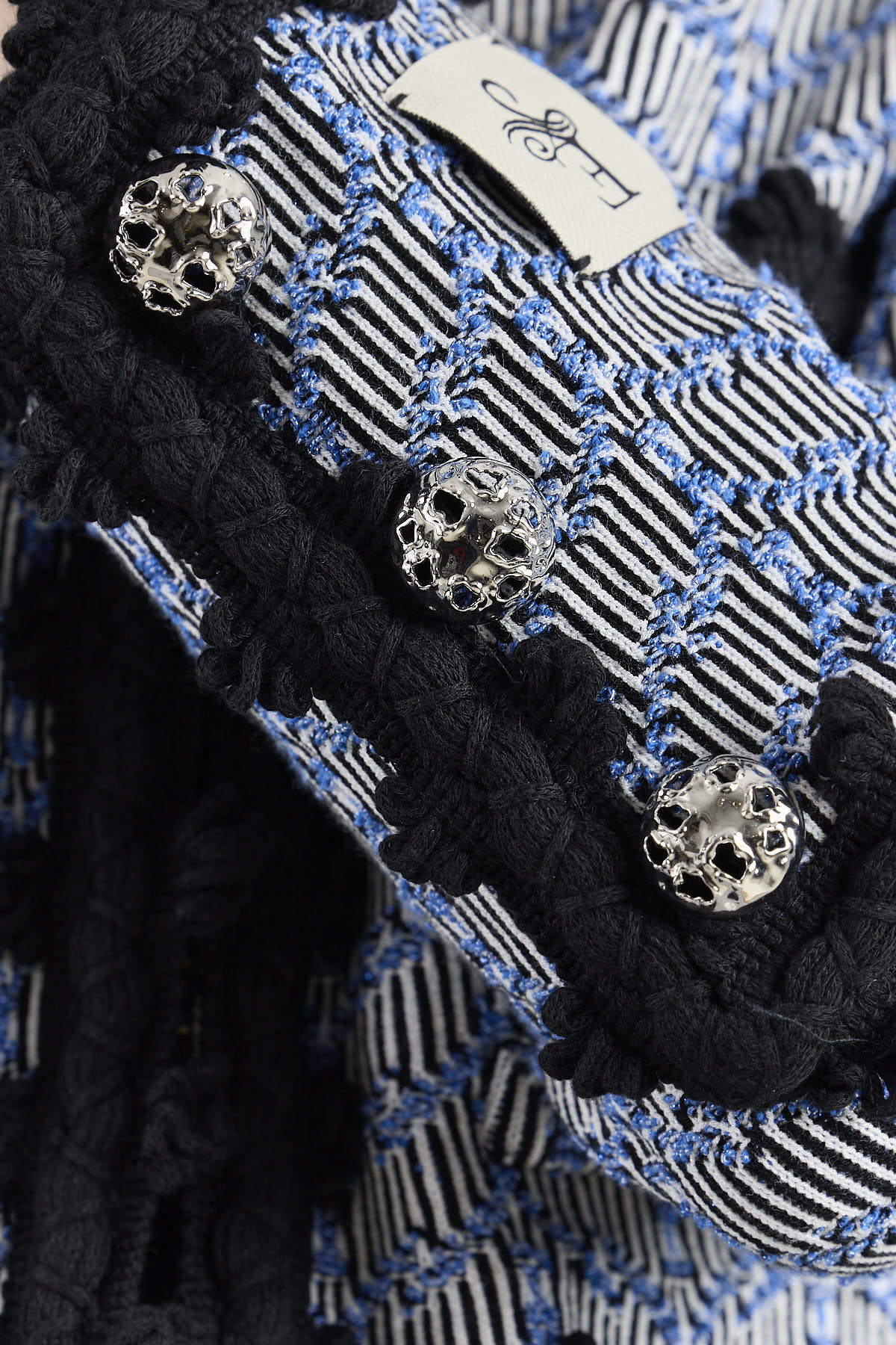 Chaqueta de punto joya azul para mujer modelo Giordana con trama geométrica y bordes negros