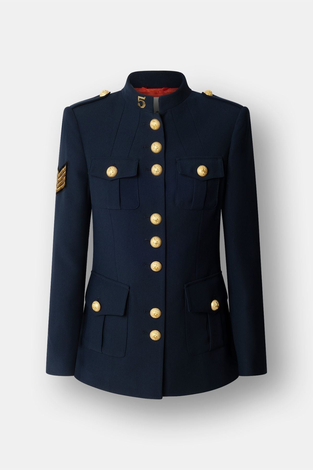 Chaqueta militar mujer azul marino Manhattan en crepe con cuello mao, botones metálicos y bordado artesanal del número 5.