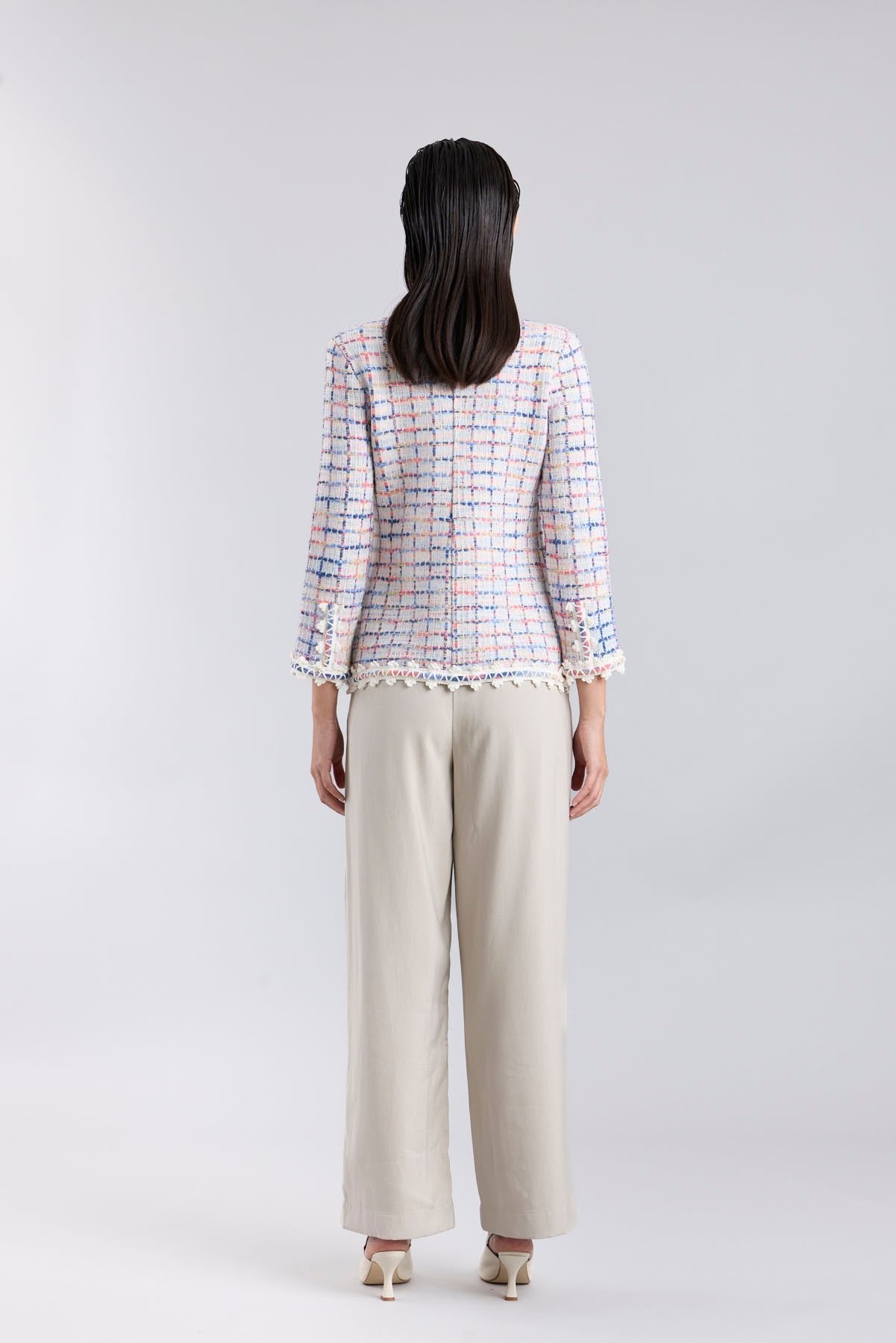 Chaqueta de punto multicolor para mujer modelo Hunter con trama de cuadros en tonos azules y rosados