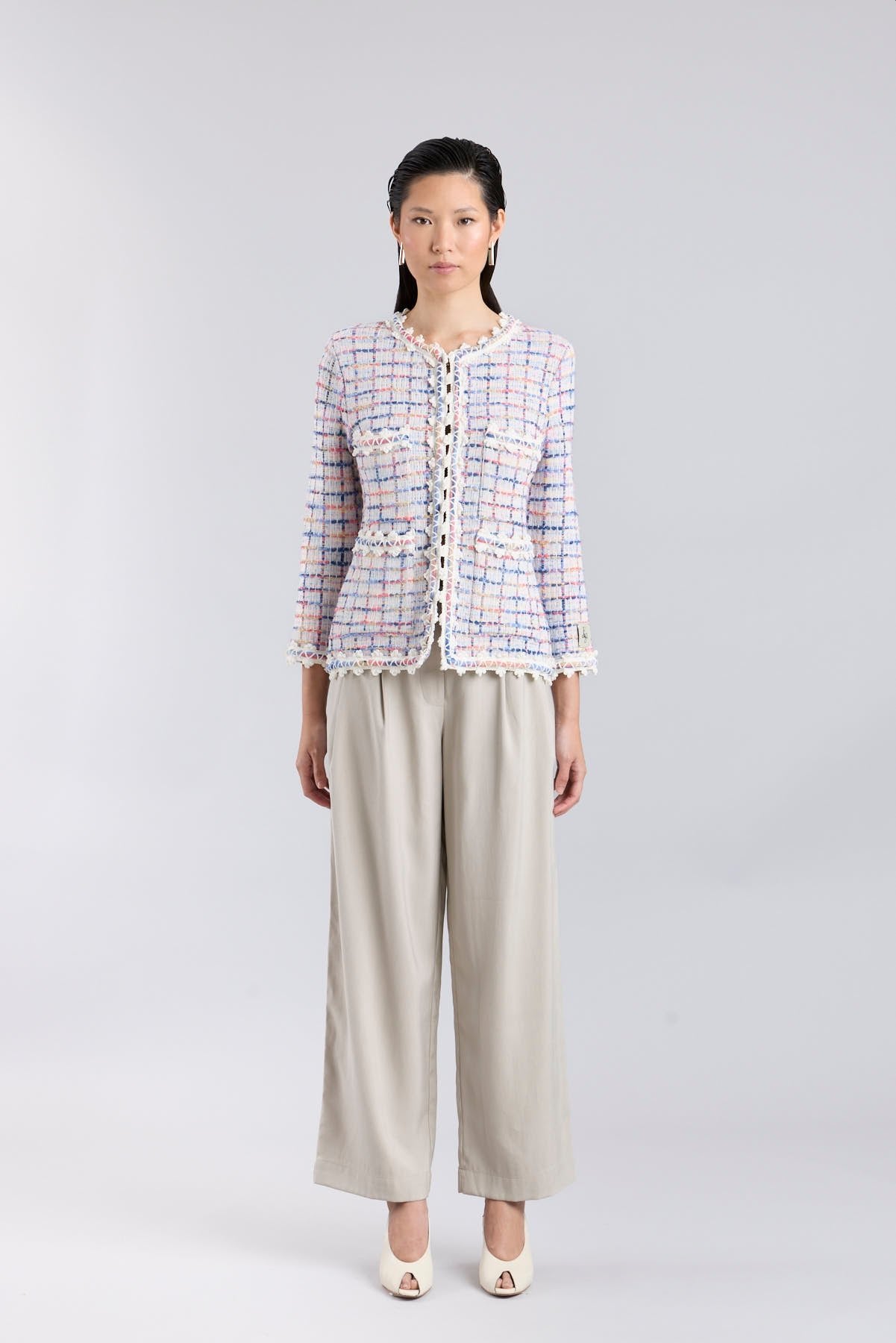 Chaqueta de punto multicolor para mujer modelo Hunter con trama de cuadros en tonos azules y rosados