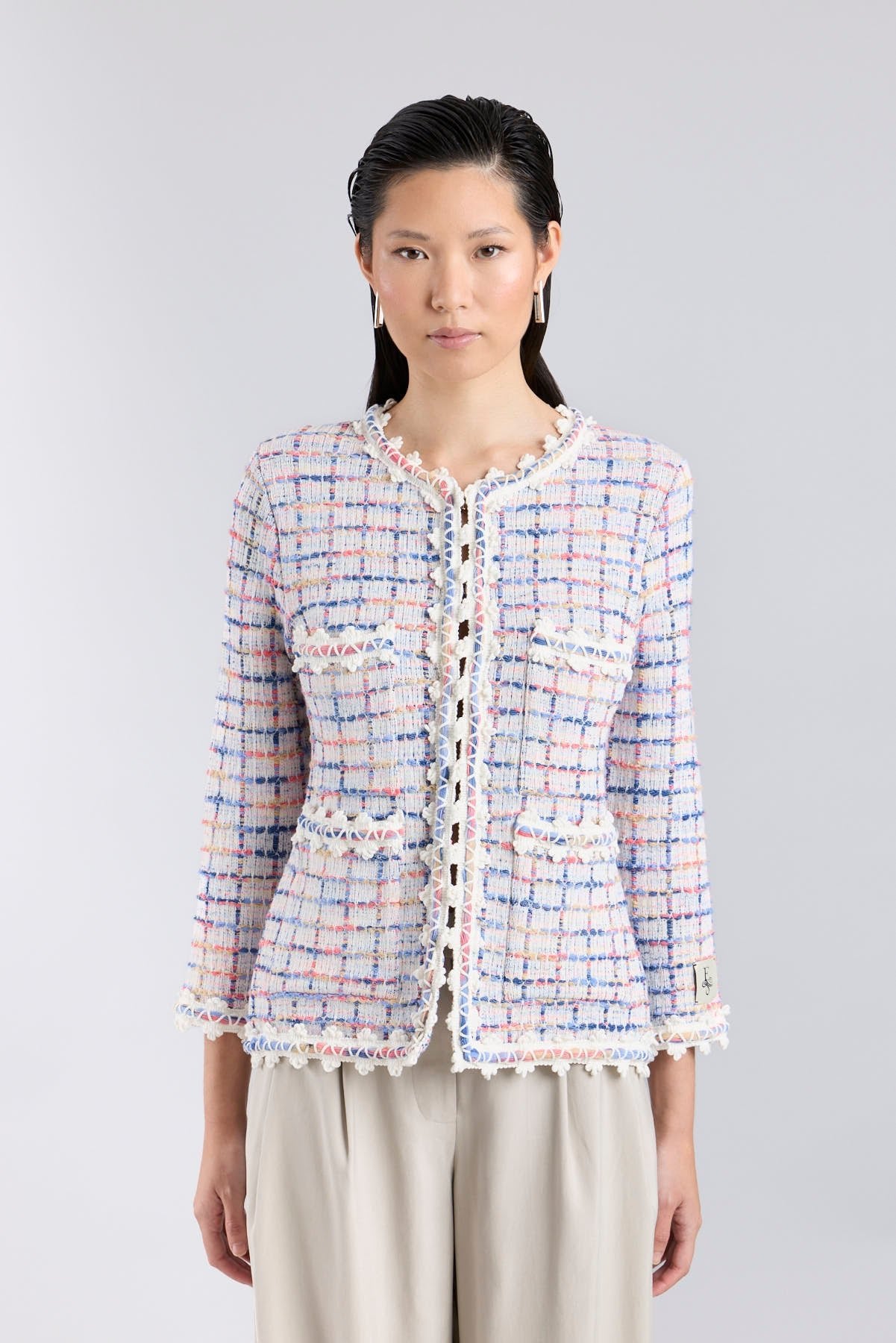 Chaqueta de punto multicolor para mujer modelo Hunter con trama de cuadros en tonos azules y rosados