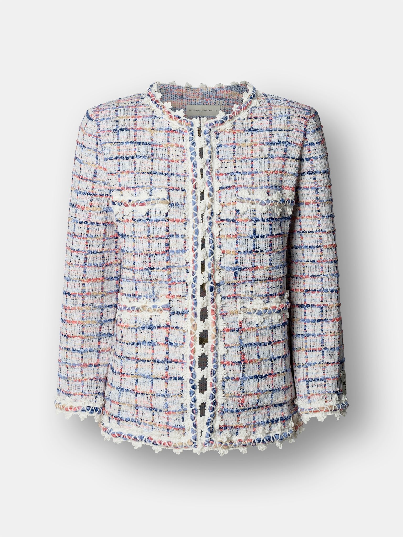 Chaqueta de punto multicolor para mujer modelo Hunter con trama de cuadros en tonos azules y rosados.