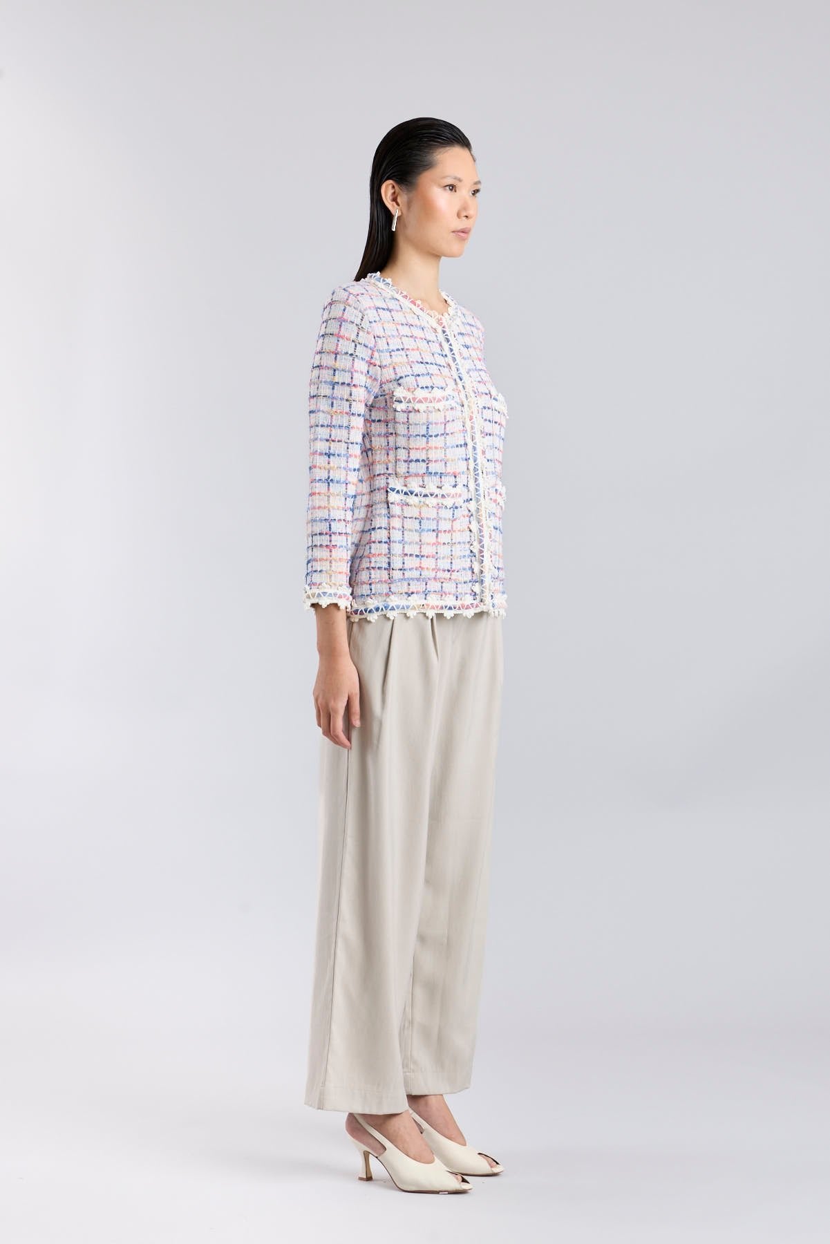 Chaqueta de punto multicolor para mujer modelo Hunter con trama de cuadros en tonos azules y rosados