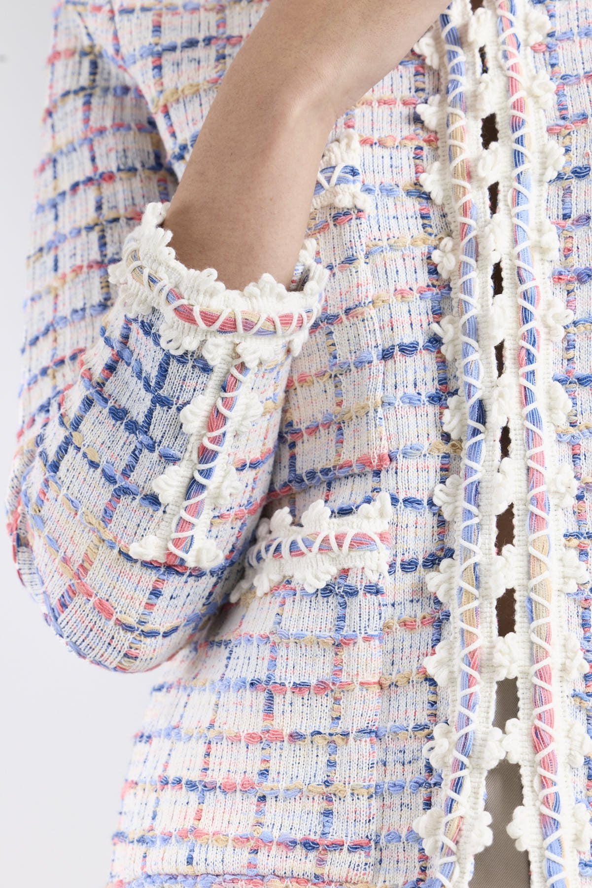 Chaqueta de punto multicolor para mujer modelo Hunter con trama de cuadros en tonos azules y rosados