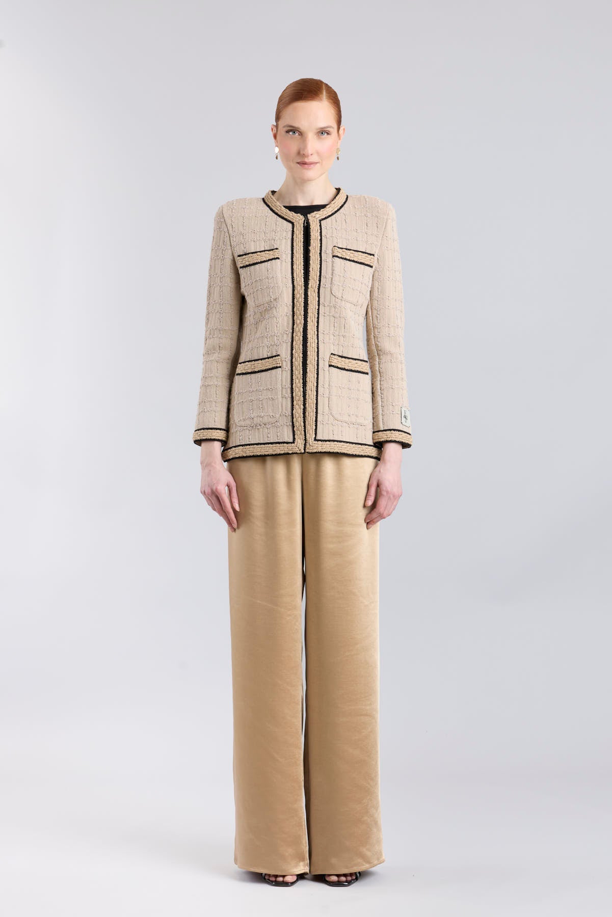 Chaqueta de punto estructurada con trama tweed en tono avellana modelo Prince.