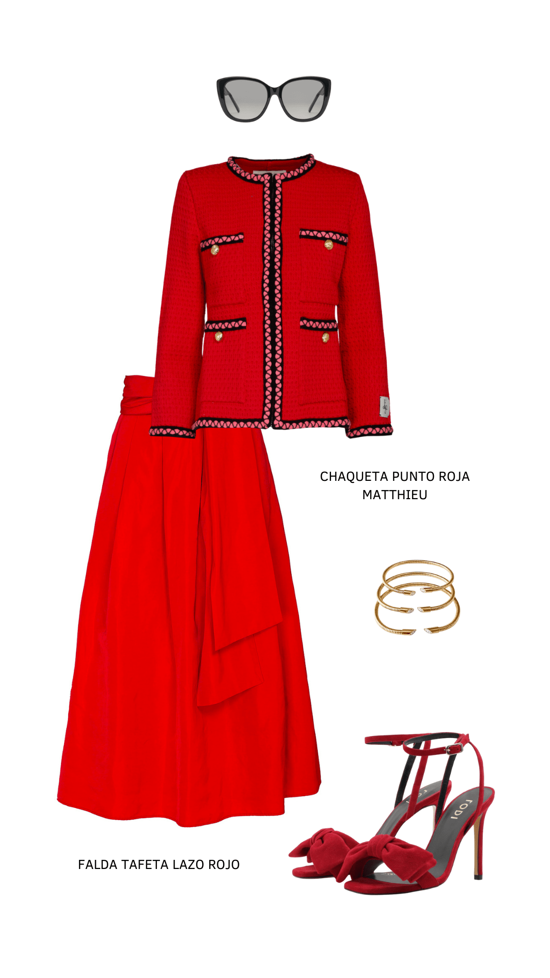 LOOK FALDA MIDI ROJO TAFETÁ Y CHAQUETA DE PUNTO ROJA MATTHIEU - THE EXTREME COLLECTION