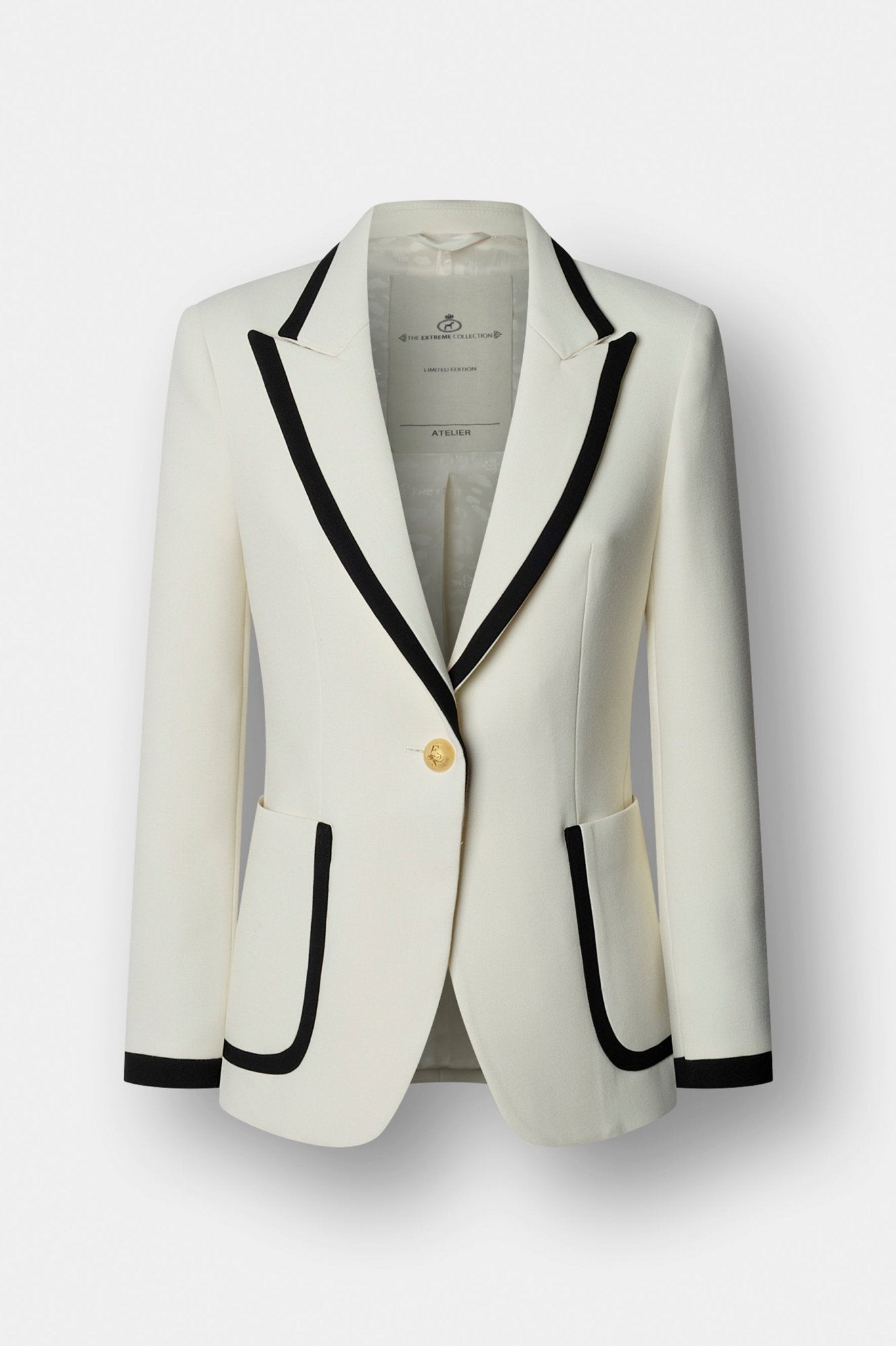 Blazer bicolor con ribete Laurent de The Extreme Collection en blanco con ribetes en negro.