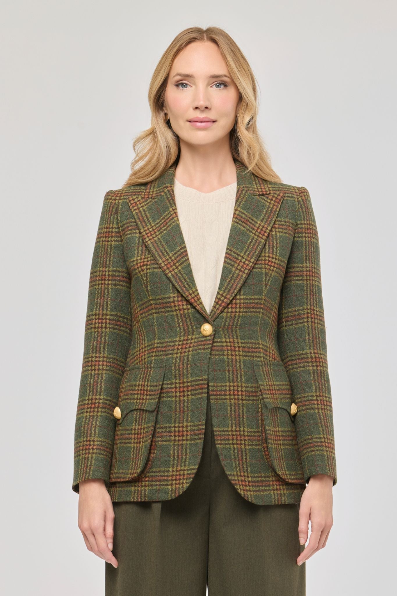 Blazer de lana a cuadros Grant de The Extreme Collection en tonos verdes y ocres.