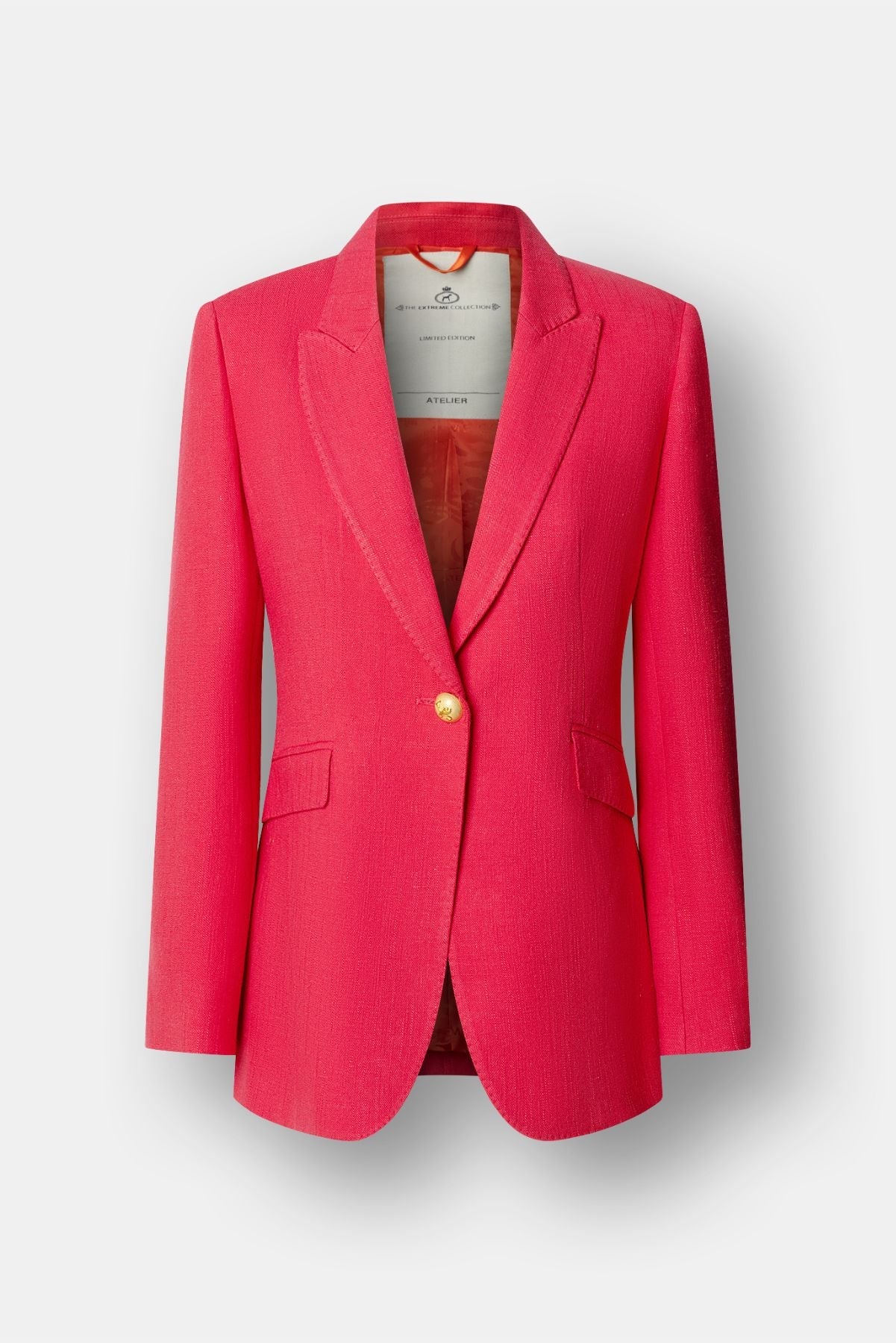 Blazer de lino fucsia mujer modelo Sofía de corte sastre impecable.
