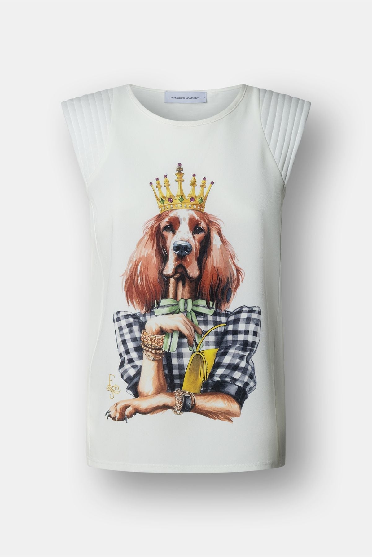 Camiseta blanca con ilustración de perro Setter luciendo una corona dorada y lazo verde de The Extreme Collection.