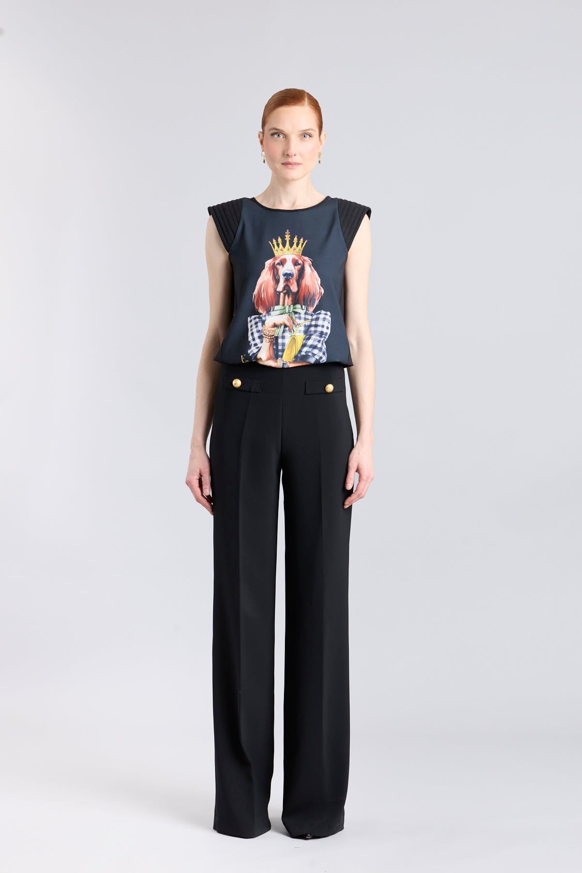 Camiseta negra con ilustración de perro Setter luciendo una corona dorada y lazo verde de The Extreme Collection.