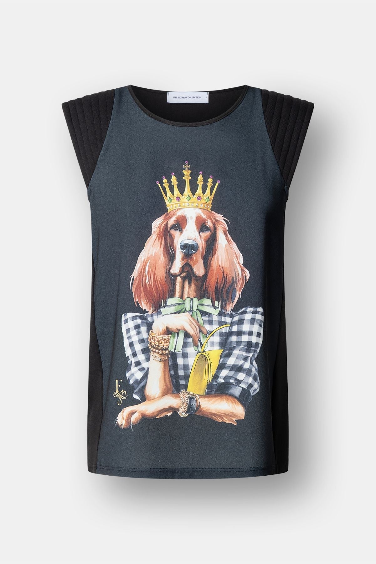 Camiseta negra con ilustración de perro Setter luciendo una corona dorada y lazo verde de The Extreme Collection.