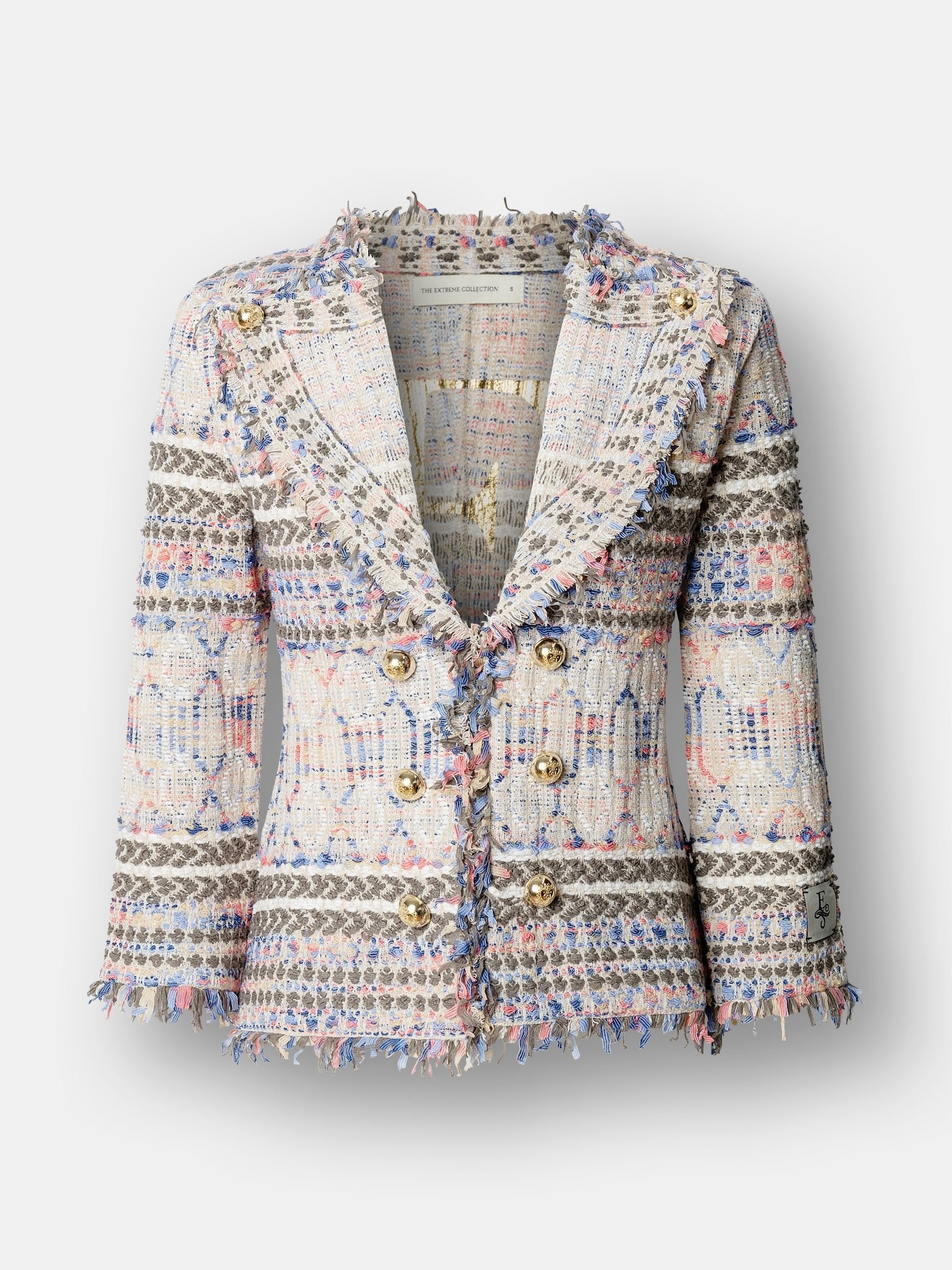 Chaqueta de punto joya mujer modelo Alessia con trama multicolor y botones dorados.