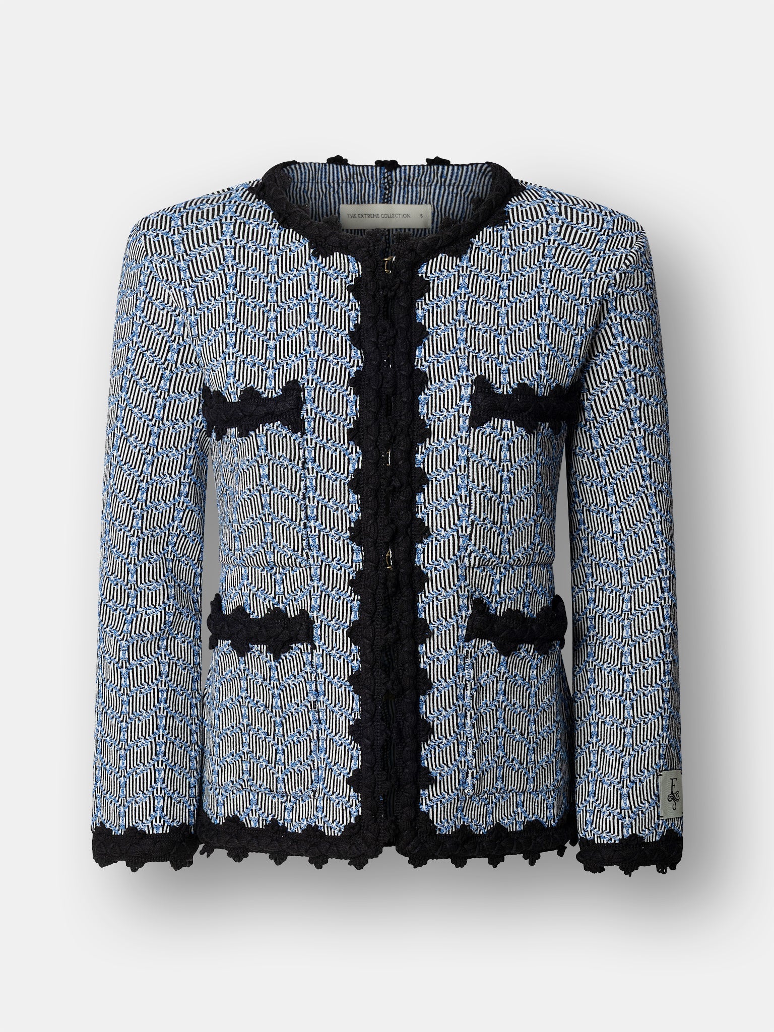 Chaqueta de punto joya azul para mujer modelo Giordana con trama geométrica y bordes negros.