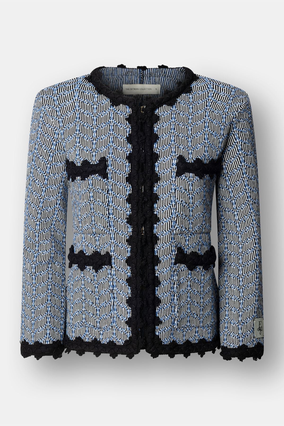 Chaqueta de punto joya azul para mujer modelo Giordana con trama geométrica y bordes negros