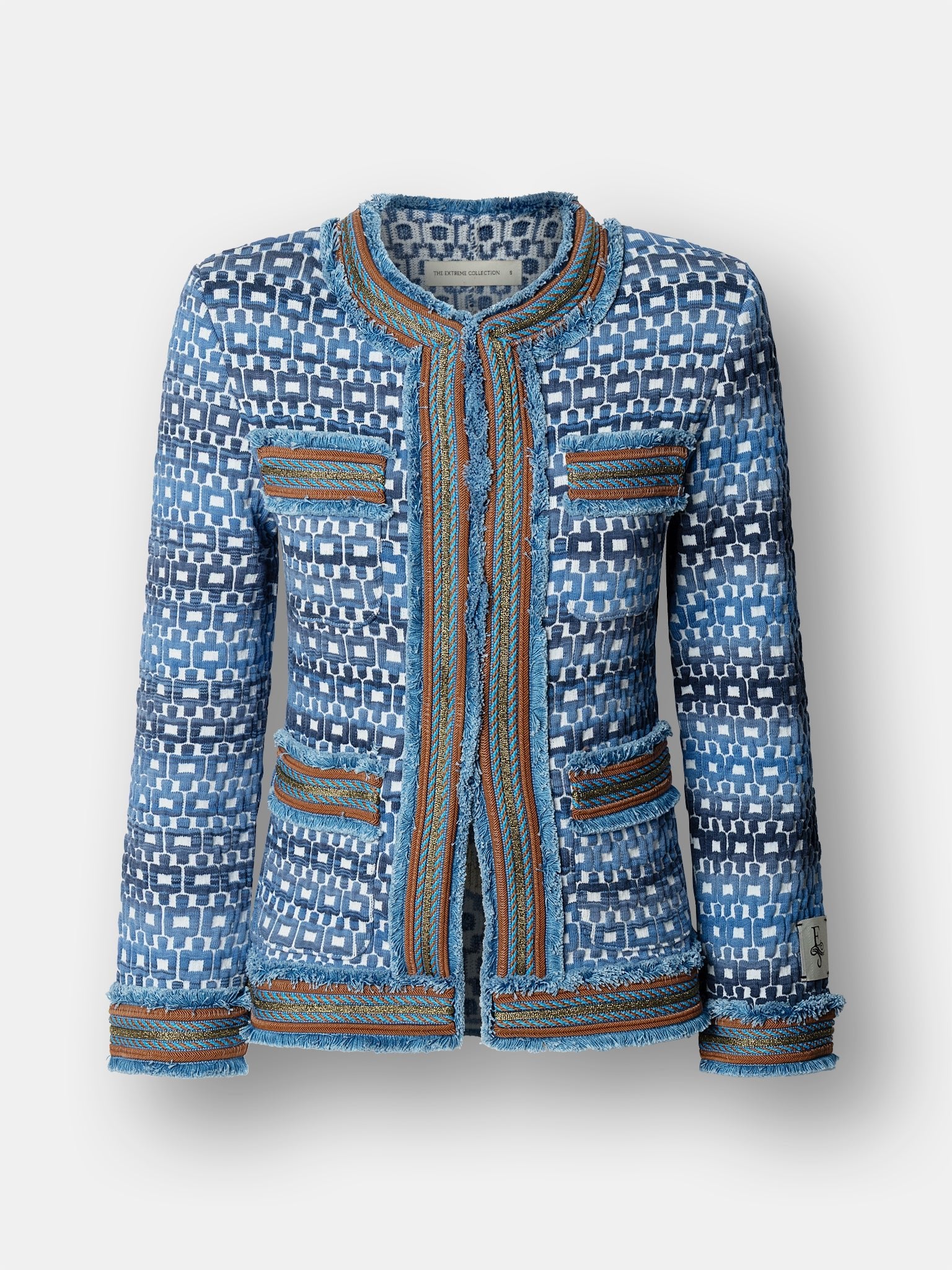 Chaqueta de lujo en punto texturizado azul con detalles en bronce y ocre para mujer modelo Tedy.