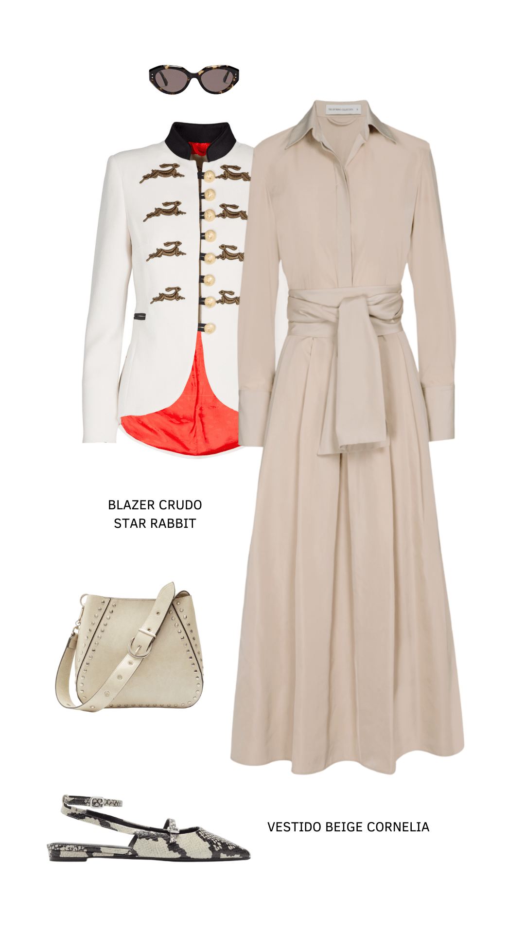 LOOK BLAZER CRUDO STAR RABBIT Y VESTIDO CAMISERO LISO BEIGE CORNELIA - THE EXTREME COLLECTION