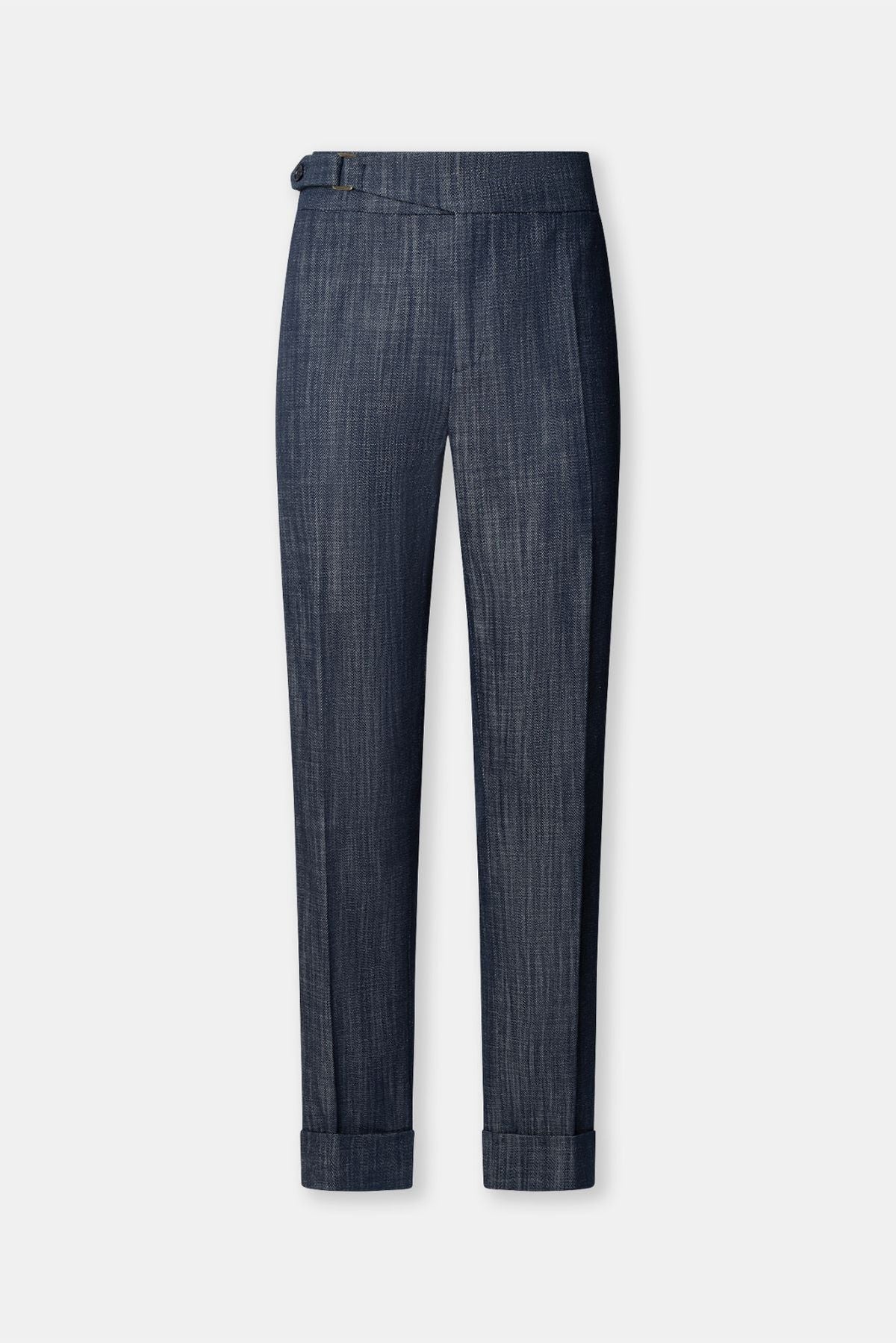 Pantalón sastre denim Milán en denim oscuro de alta calidad con corte estructurado y hebilla.